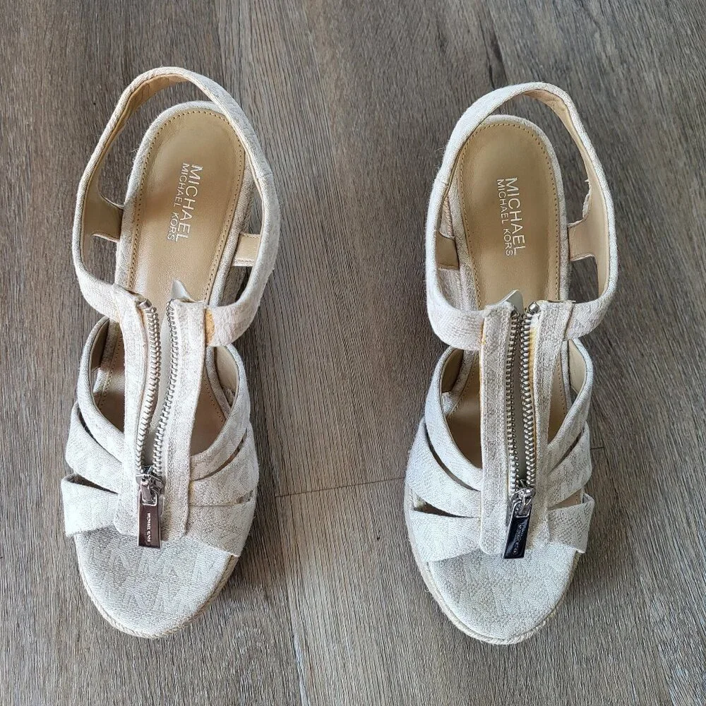 Michael Kors Berkley Platform Wedge Sandal MK Logo Cream Canvas Size 7